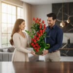 Hombre y mujer jóvenes sosteniendo juntos un gran arreglo de rosas rojas en maceta verde dentro de una sala de estar moderna y luminosa