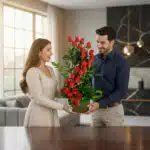 Hombre y mujer jóvenes sosteniendo juntos un gran arreglo de rosas rojas en maceta verde dentro de una sala de estar moderna y luminosa