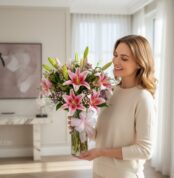 Mujer sonriente con suéter beige sostiene un jarrón de cristal con lirios rosas y flores blancas en un salón luminoso