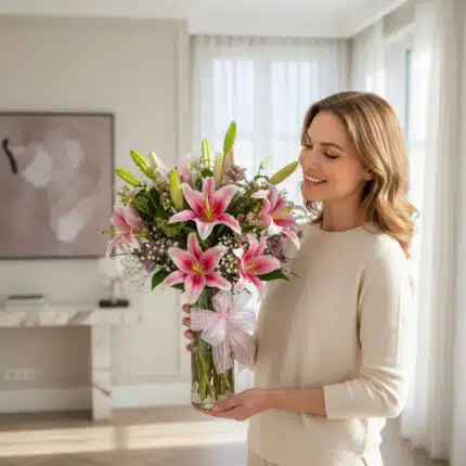 Mujer sonriente con suéter beige sostiene un jarrón de cristal con lirios rosas y flores blancas en un salón luminoso