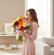 Mujer joven con vestido rosa claro sosteniendo un gran ramo de gerberas rojas, amarillas, naranjas y rosas en un salón luminoso de estilo moderno