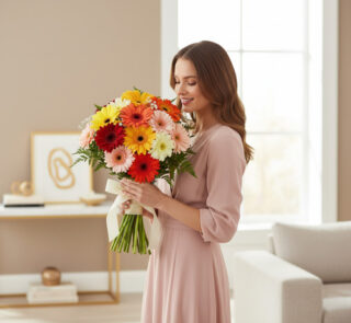Mujer joven con vestido rosa claro sosteniendo un gran ramo de gerberas rojas, amarillas, naranjas y rosas en un salón luminoso de estilo moderno