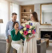 Tres personas en una sala de estar luminosa, una mujer de vestido claro sostiene un gran ramo de flores rosas, blancas y moradas en un jarrón de cristal mientras otra mujer se sorprende sentada en el sofá y un hombre de camisa azul las observa sonriente