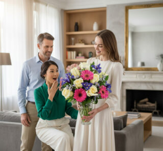 Tres personas en una sala de estar luminosa, una mujer de vestido claro sostiene un gran ramo de flores rosas, blancas y moradas en un jarrón de cristal mientras otra mujer se sorprende sentada en el sofá y un hombre de camisa azul las observa sonriente