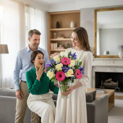 Tres personas en una sala de estar luminosa, una mujer de vestido claro sostiene un gran ramo de flores rosas, blancas y moradas en un jarrón de cristal mientras otra mujer se sorprende sentada en el sofá y un hombre de camisa azul las observa sonriente