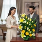 Pareja elegante observando un gran arreglo floral de lirios y gerberas amarillas sobre una mesa en una sala decorada
