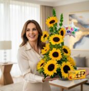 Mujer joven sonriente sostiene un arreglo floral en forma de torre con girasoles amarillos y un globo de estrella con el texto Feliz Día, mientras una mano le entrega una caja de chocolates Ferrero Rocher en una sala de estar moderna y luminosa.