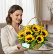 Mujer joven con blusa beige sosteniendo una canasta de mimbre llena de girasoles amarillos con tarjeta en una sala de estar luminosa