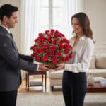 Hombre entregando a una mujer un gran arreglo de rosas rojas en canasta dentro de una sala luminosa