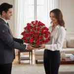 Hombre entregando a una mujer un gran arreglo de rosas rojas en canasta dentro de una sala luminosa