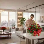 Mujer sonriente arreglando un gran arreglo de rosas rojas con lazos rojos y amarillos sobre una mesa blanca en una sala de estar moderna con vista a la ciudad