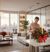 Mujer sonriente arreglando un gran arreglo de rosas rojas con lazos rojos y amarillos sobre una mesa blanca en una sala de estar moderna con vista a la ciudad