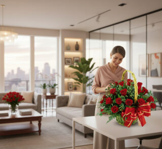 Mujer sonriente arreglando un gran arreglo de rosas rojas con lazos rojos y amarillos sobre una mesa blanca en una sala de estar moderna con vista a la ciudad