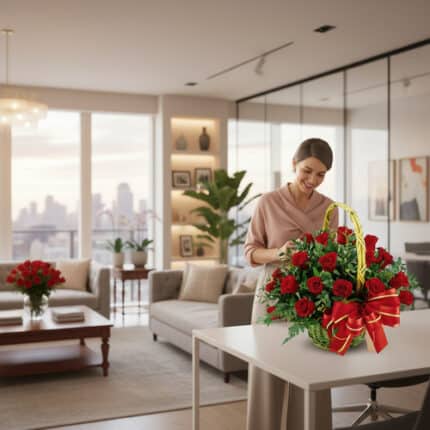 Mujer sonriente arreglando un gran arreglo de rosas rojas con lazos rojos y amarillos sobre una mesa blanca en una sala de estar moderna con vista a la ciudad