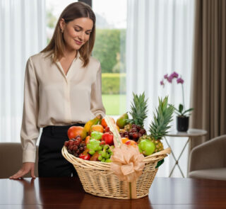 Mujer joven de pie frente a una canasta de mimbre llena de frutas variadas sobre una mesa en un salón luminoso