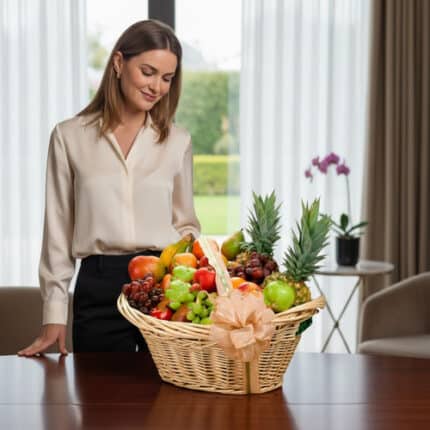 Mujer joven de pie frente a una canasta de mimbre llena de frutas variadas sobre una mesa en un salón luminoso