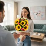 Mujer joven sonriente sostiene un ramo de girasoles y rosas rosas mientras un hombre se lo entrega en una sala de estar luminosa