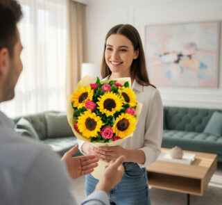 Mujer joven sonriente sostiene un ramo de girasoles y rosas rosas mientras un hombre se lo entrega en una sala de estar luminosa