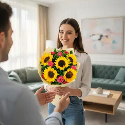 Mujer joven sonriente sostiene un ramo de girasoles y rosas rosas mientras un hombre se lo entrega en una sala de estar luminosa