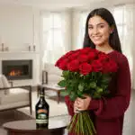 Mujer sonriente con suéter rojo sostiene un gran ramo de rosas rojas junto a una botella de licor sobre una mesa en una sala de estar luminosa con chimenea al fondo