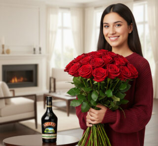 Mujer sonriente con suéter rojo sostiene un gran ramo de rosas rojas junto a una botella de licor sobre una mesa en una sala de estar luminosa con chimenea al fondo