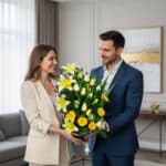 Hombre y mujer vestidos de forma elegante sostienen juntos un gran arreglo de flores amarillas y blancas en una sala de estar moderna y luminosa