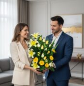 Hombre y mujer vestidos de forma elegante sostienen juntos un gran arreglo de flores amarillas y blancas en una sala de estar moderna y luminosa