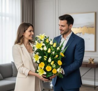 Hombre y mujer vestidos de forma elegante sostienen juntos un gran arreglo de flores amarillas y blancas en una sala de estar moderna y luminosa