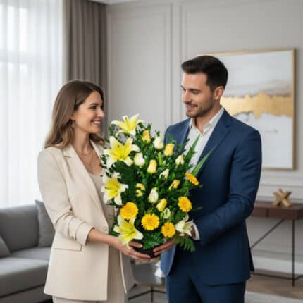 Hombre y mujer vestidos de forma elegante sostienen juntos un gran arreglo de flores amarillas y blancas en una sala de estar moderna y luminosa