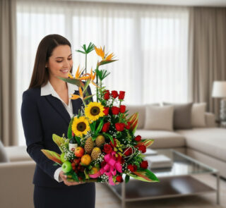 Mujer vestida de traje oscuro sosteniendo un gran arreglo de flores tropicales con girasoles, rosas rojas y frutas como piñas y manzanas en una sala de estar luminosa