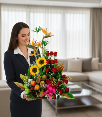 Mujer vestida de traje oscuro sosteniendo un gran arreglo de flores tropicales con girasoles, rosas rojas y frutas como piñas y manzanas en una sala de estar luminosa