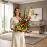 Mujer con vestido crema sosteniendo un arreglo de frutas y flores tropicales en una sala de estar moderna y luminosa