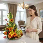 Mujer con vestido crema observando una canasta de frutas y flores coloridas sobre una mesa en una sala luminosa