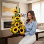 Mujer sonriente sentada junto a un arreglo de girasoles amarillos con globo de estrella que dice Feliz Día sobre una mesa de madera en una sala moderna