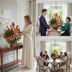 Collage de tres escenas con personas en un salón luminoso decorado con un gran arreglo de flores rojas y lirios rosados sobre una mesa y un aparador