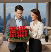 Hombre y mujer jóvenes sosteniendo juntos un arreglo rectangular de rosas rojas en tres niveles dentro de un departamento moderno con ventanales a la ciudad