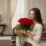 Mujer joven con vestido blanco sosteniendo un gran ramo de rosas rojas junto a una botella de licor sobre una mesa en un salón elegante