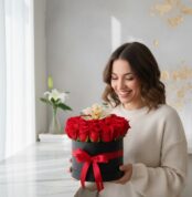 Mujer joven sonriendo mientras sostiene una caja redonda negra llena de rosas rojas con lazo rojo, en interior luminoso
