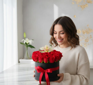 Mujer joven sonriendo mientras sostiene una caja redonda negra llena de rosas rojas con lazo rojo, en interior luminoso