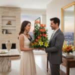 Hombre con traje gris entrega a mujer con vestido blanco un arreglo de flores naranjas y amarillas en una sala de estar moderna con ventana panorámica