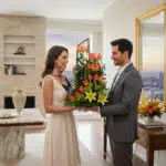 Hombre con traje gris entrega a mujer con vestido blanco un arreglo de flores naranjas y amarillas en una sala de estar moderna con ventana panorámica