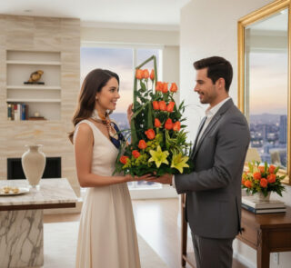 Hombre con traje gris entrega a mujer con vestido blanco un arreglo de flores naranjas y amarillas en una sala de estar moderna con ventana panorámica