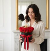 Mujer joven de cabello castaño ondulado con blusa crema sosteniendo una caja redonda negra con rosas rojas y lazo rojo, de pie en un salón blanco con espejo dorado y chimenea clásica al fondo