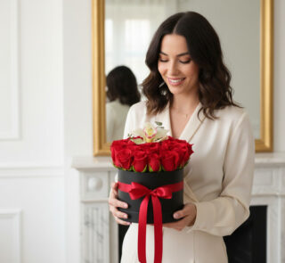 Mujer joven de cabello castaño ondulado con blusa crema sosteniendo una caja redonda negra con rosas rojas y lazo rojo, de pie en un salón blanco con espejo dorado y chimenea clásica al fondo
