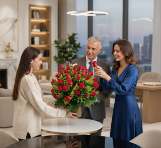 Tres personas sonrientes alrededor de un gran ramo de rosas rojas sobre una mesa blanca en una sala de estar moderna con ventanales