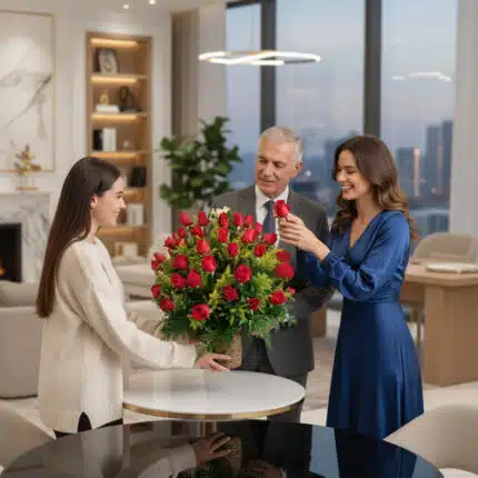 Tres personas sonrientes alrededor de un gran ramo de rosas rojas sobre una mesa blanca en una sala de estar moderna con ventanales