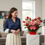 Mujer joven con blusa azul y falda beige sonríe mientras observa un arreglo de rosas rojas y lirios rosados en una base roja sobre pedestal de mármol en una sala de estar luminosa
