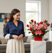 Mujer joven con blusa azul y falda beige sonríe mientras observa un arreglo de rosas rojas y lirios rosados en una base roja sobre pedestal de mármol en una sala de estar luminosa