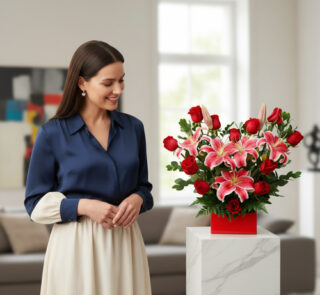 Mujer joven con blusa azul y falda beige sonríe mientras observa un arreglo de rosas rojas y lirios rosados en una base roja sobre pedestal de mármol en una sala de estar luminosa