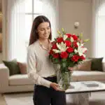 Mujer joven de camisa beige sostiene un gran ramo de rosas rojas y lirios blancos en un jarrón de cristal decorado, dentro de una sala de estar luminosa